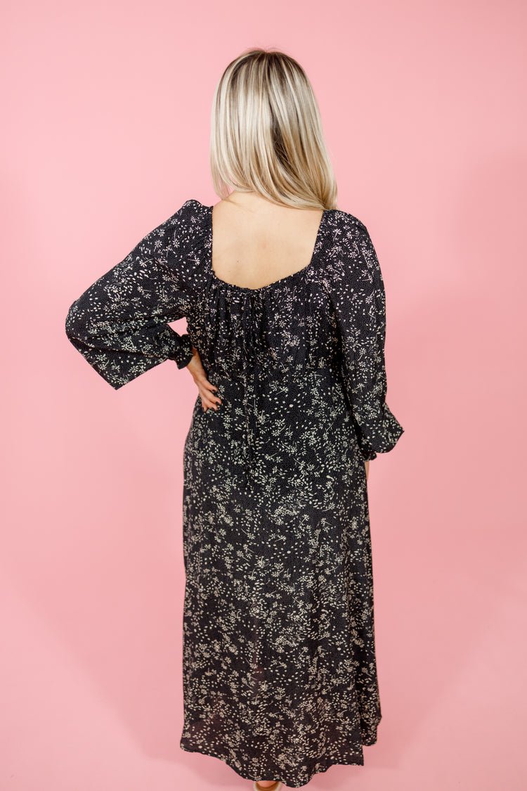 Black Floral Side Slit Midi Dress