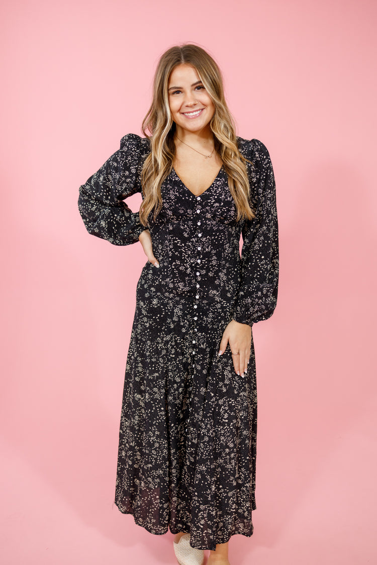 Black Floral Button Sweetheart Midi Dress