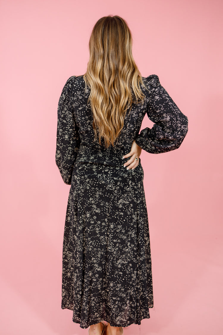 Black Floral Button Sweetheart Midi Dress