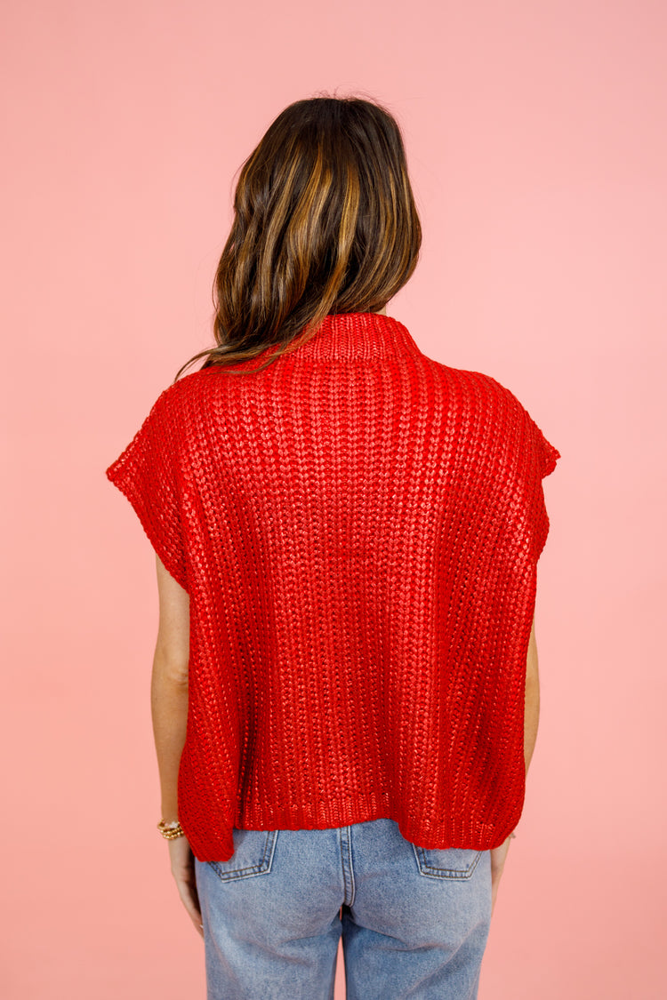 Red Metallic Sweater Top