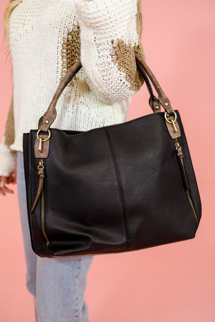 Black Side Pocket Tassel Tote