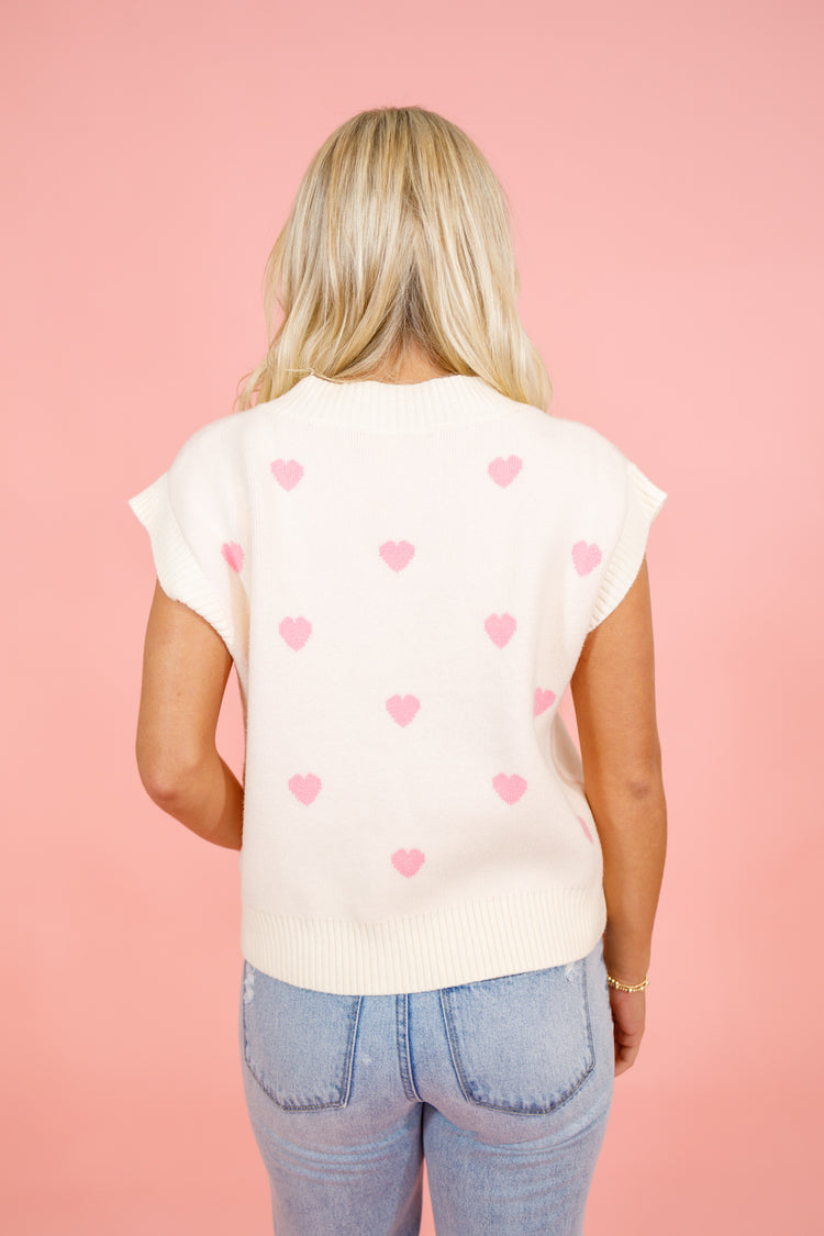 Cream Pink Heart Sweater Top, S-2XL