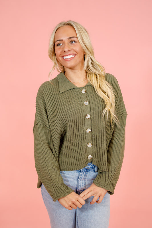 Olive Ribbed Button Sweater