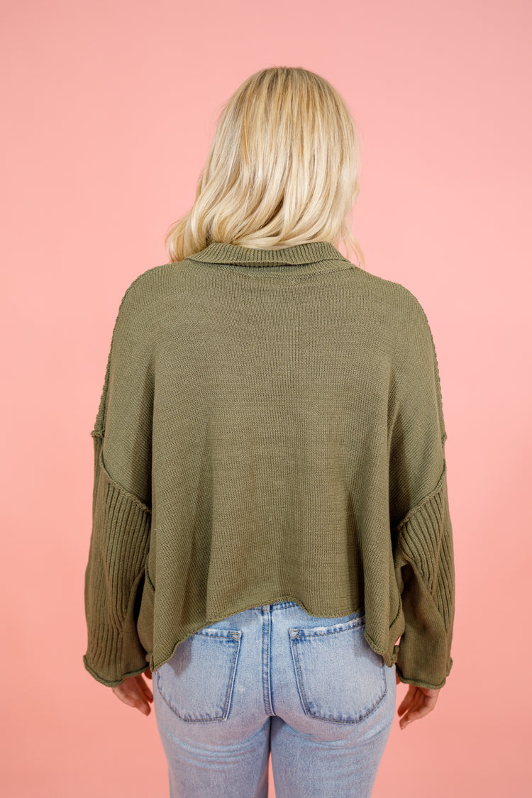 Olive Ribbed Button Sweater