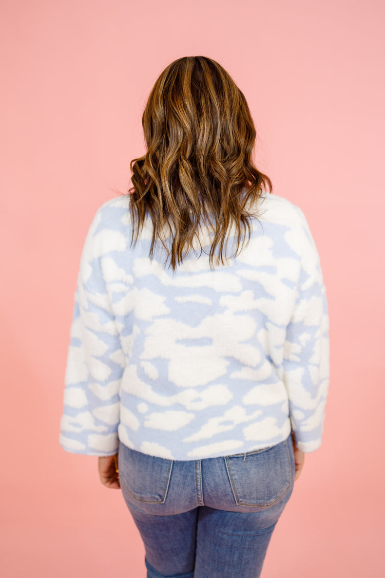 Blue Pattern Fuzzy Sweater