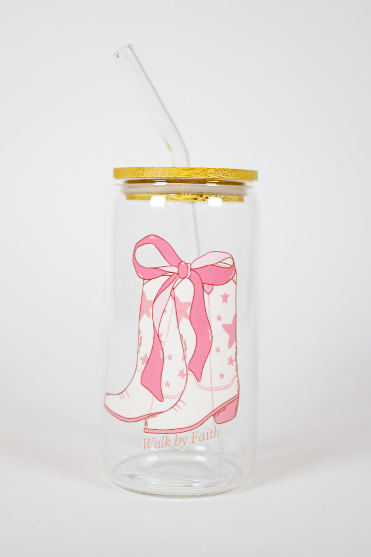 Walk By Faith Glass Cup with Lid and Straw