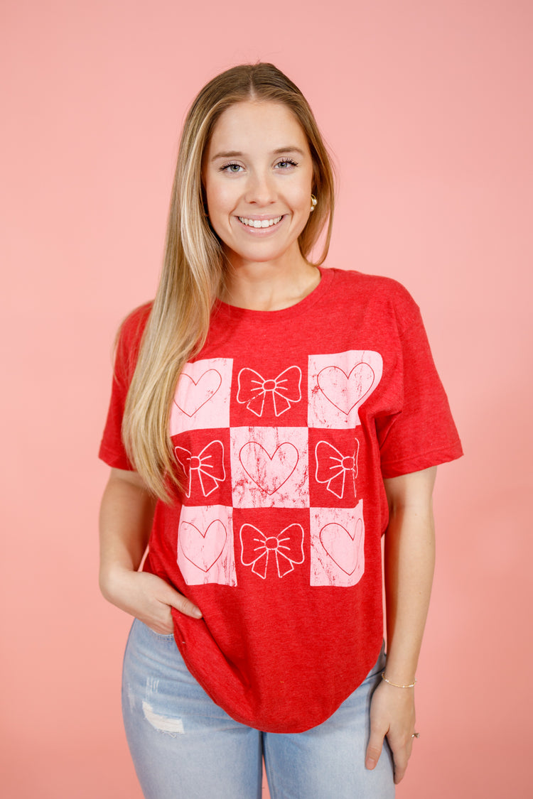 Red Checkered Bows and Hearts Graphic Tee, S-2XL