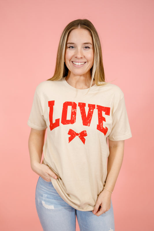 Tan Distressed Love Bow Graphic Tee, S-2XL