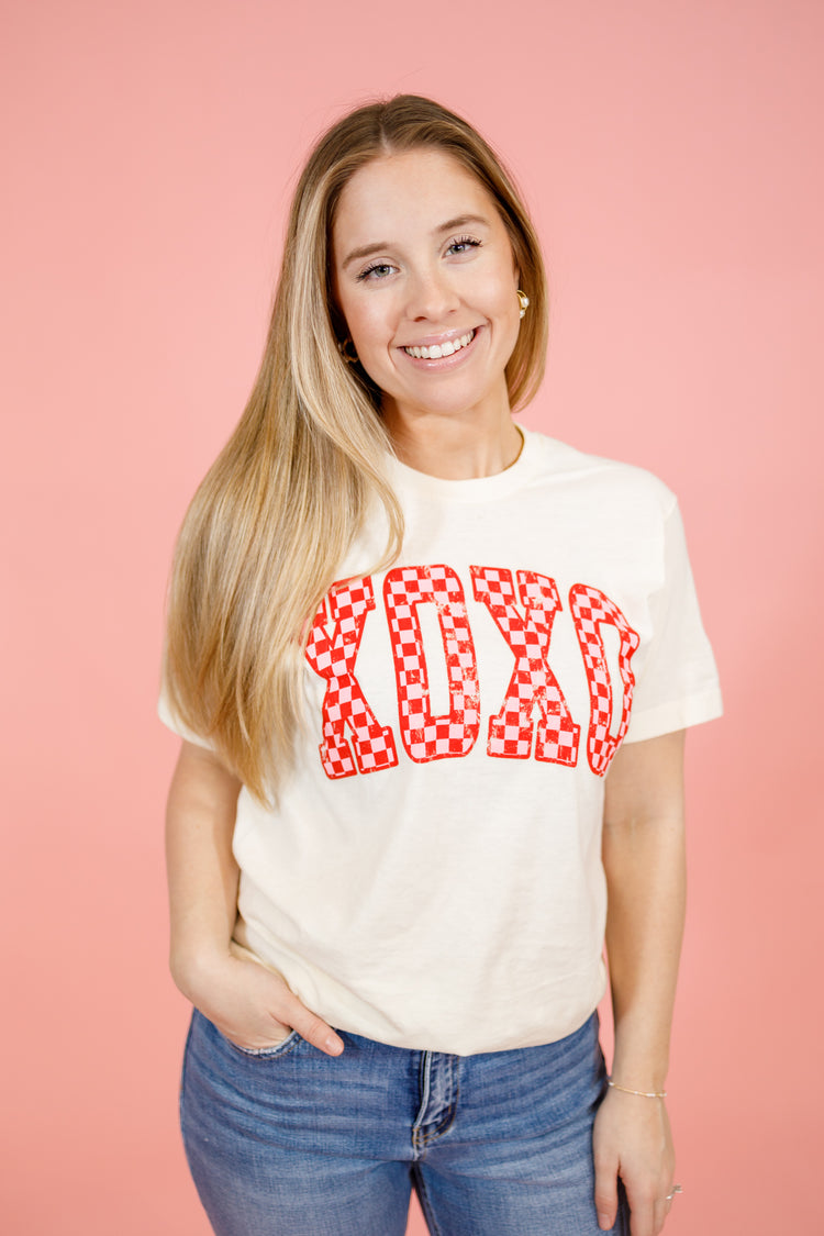 Ivory XOXO Checkered Graphic Tee, S-2XL