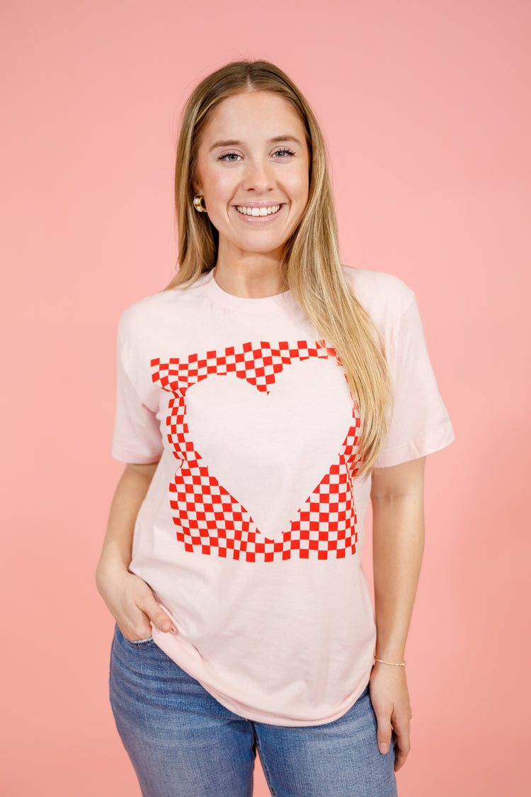 Pink Checkered Heart Graphic Tee, S-2XL