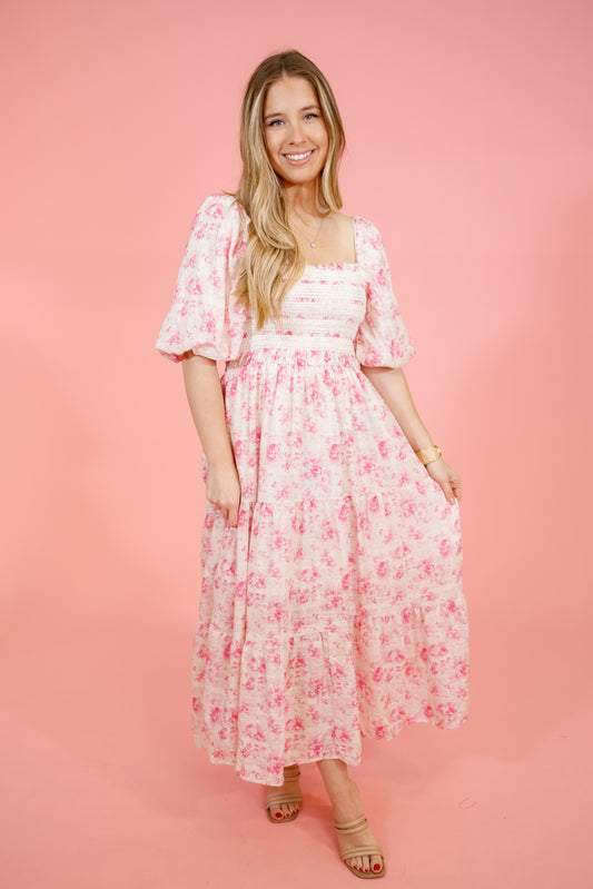 Pink and Ivory Floral Smock Dress
