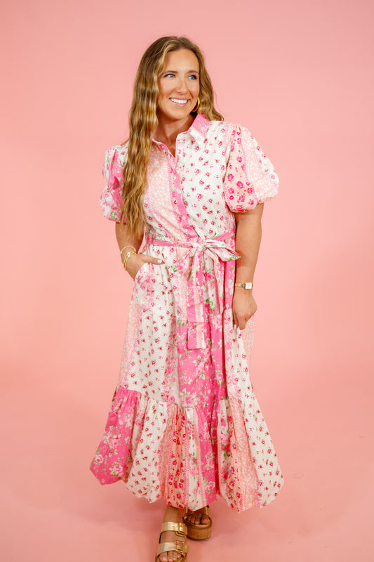 Pink Flower Multi Pattern Dress