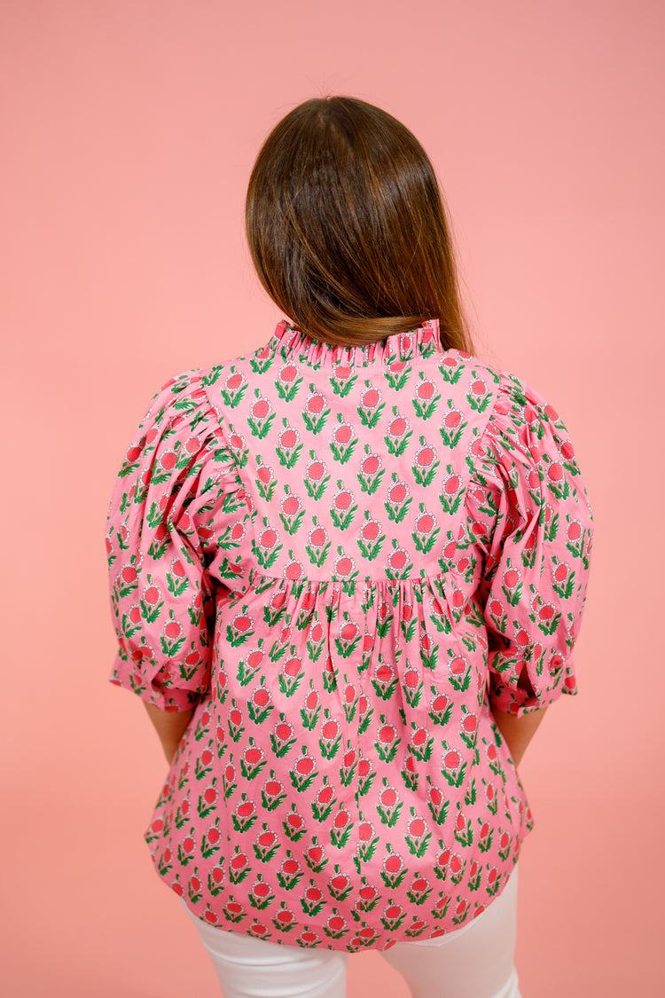 Pink Pattern Button Top, S-2XL
