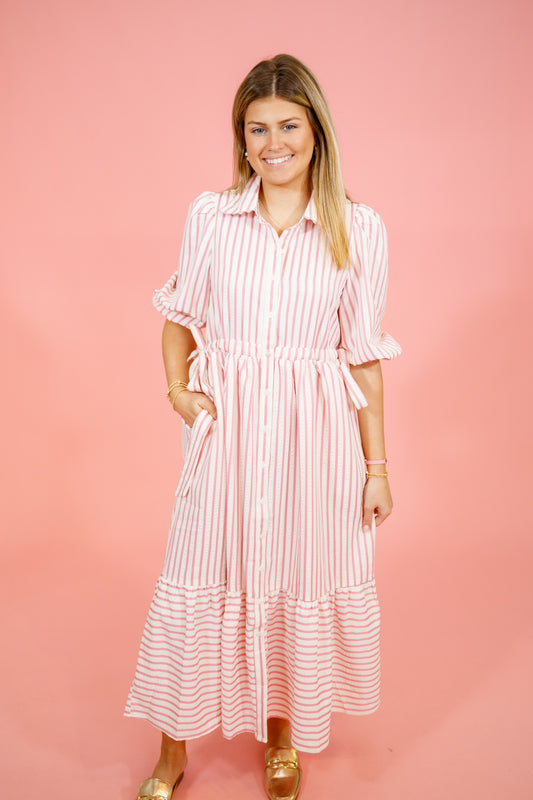 Pink Stripe Collar Midi Dress