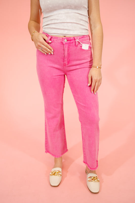 Z Acid Wash Crop Flare Jeans, HOT PINK