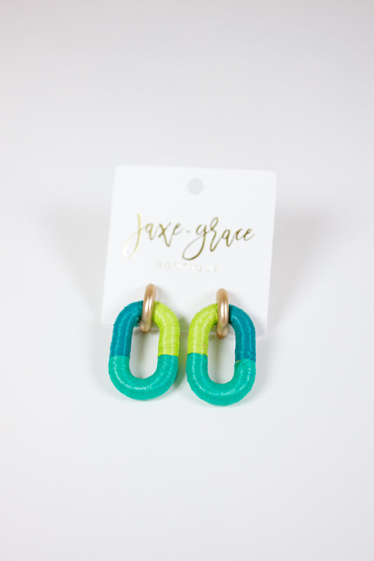 Green Raffia Wrapped Oval Earrings