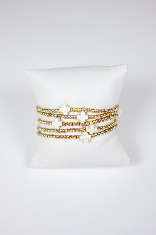 Cream Cross Beaded Bracelet Set