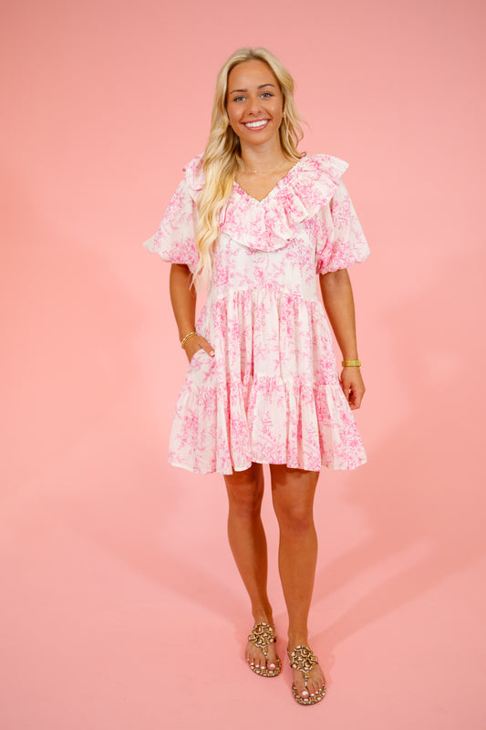 Off White Pink Floral Ruffle Dress