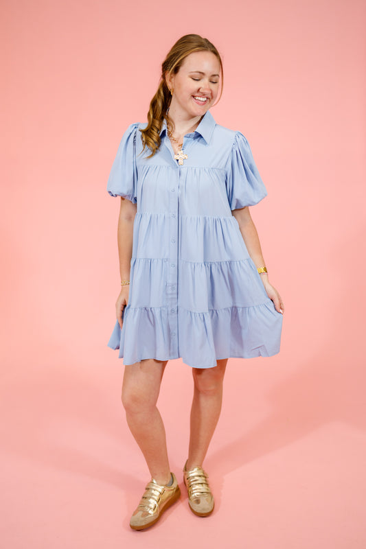 Blue Tiered Button Collar Dress