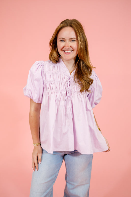 Lilac Smocked Puff Sleeve Top