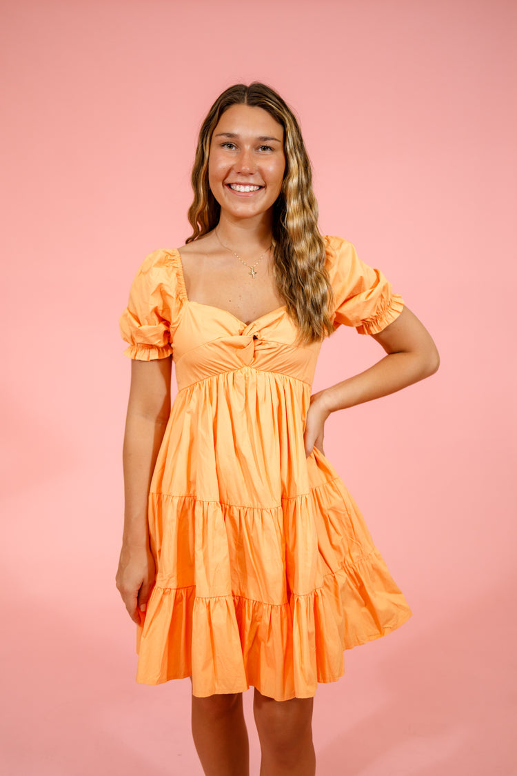 Orange Puff Sleeve Tiered Dress