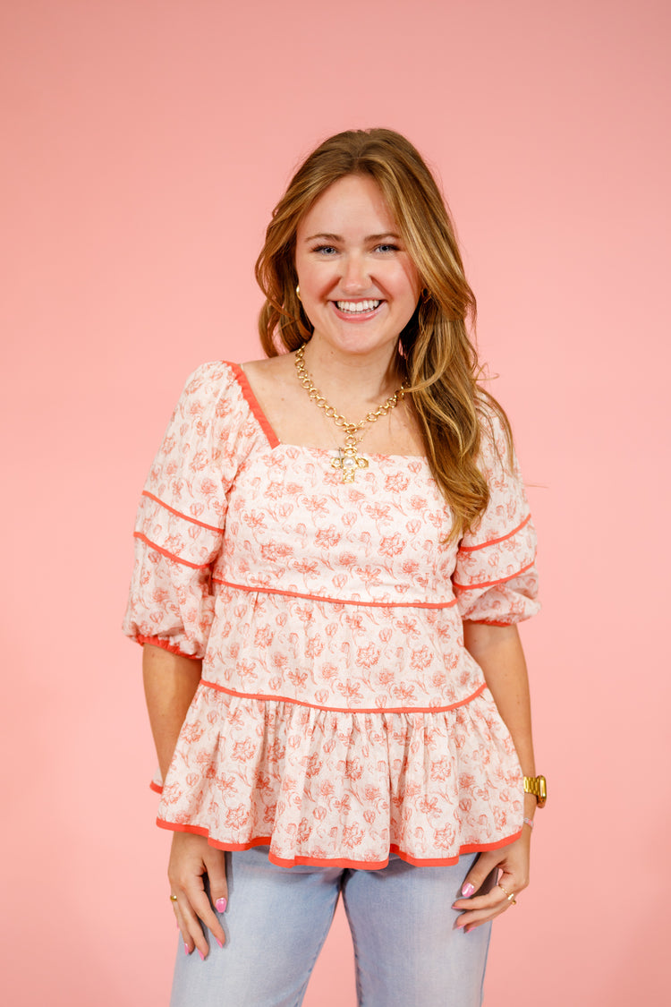 Coral Floral Trim Tiered Top, S-2XL
