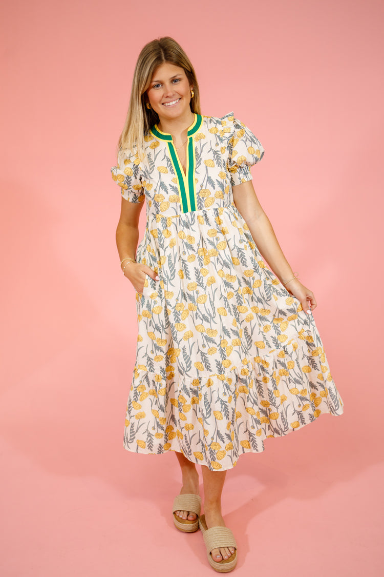 Yellow and Green Floral Tiered Midi Dress
