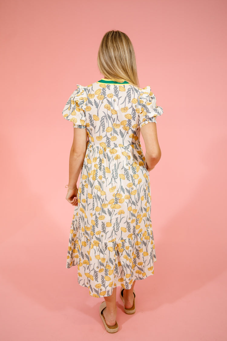Yellow and Green Floral Tiered Midi Dress