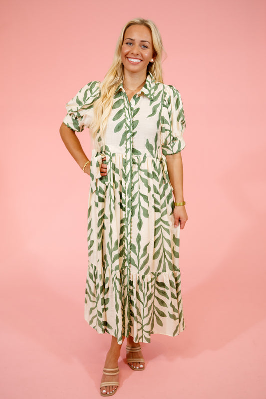 Olive Botanical Pattern Midi Dress