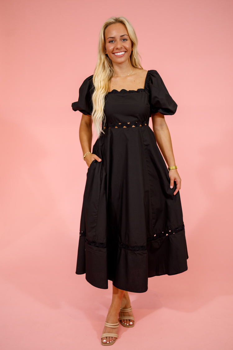 Black Open Ric Rac Trim Midi Dress