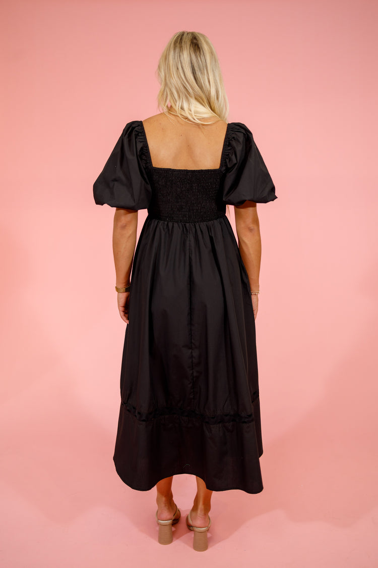 Black Open Ric Rac Trim Midi Dress