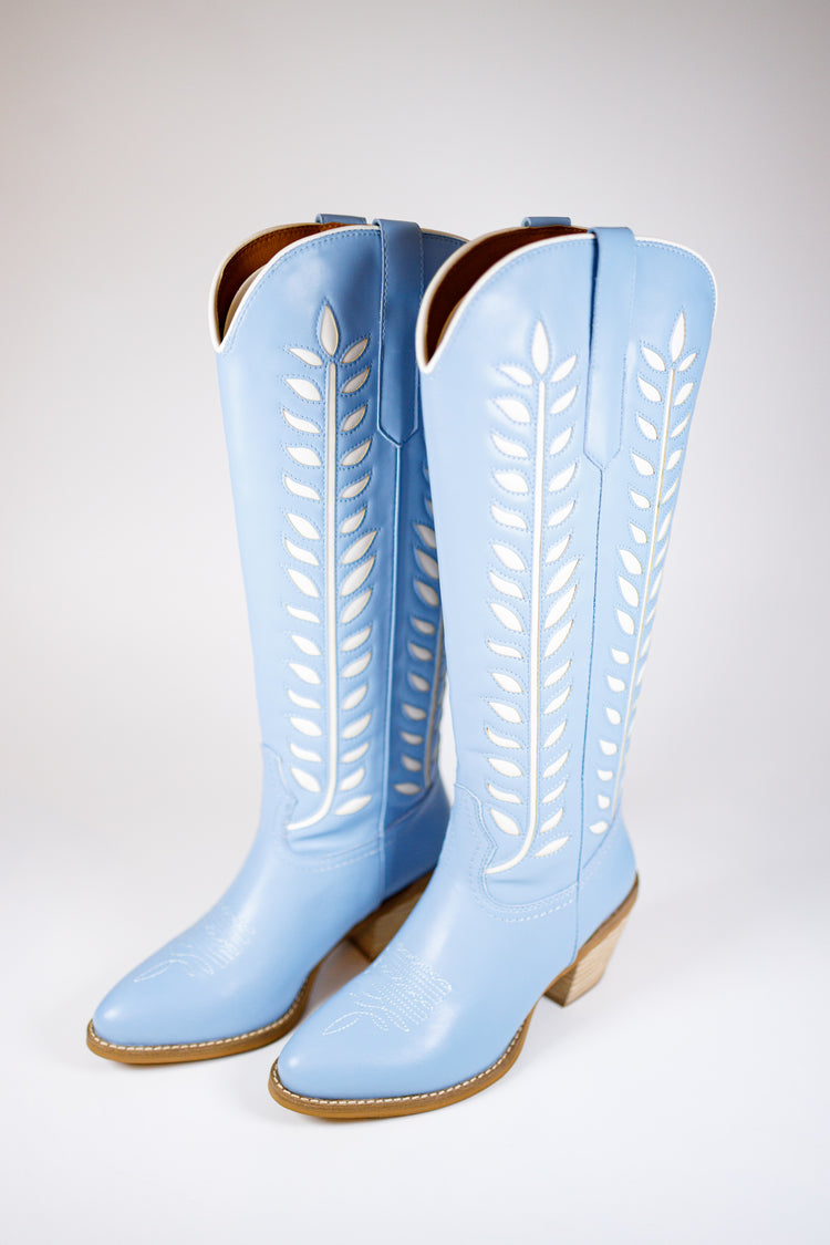 Blue Block Heel Cutout Western Boots