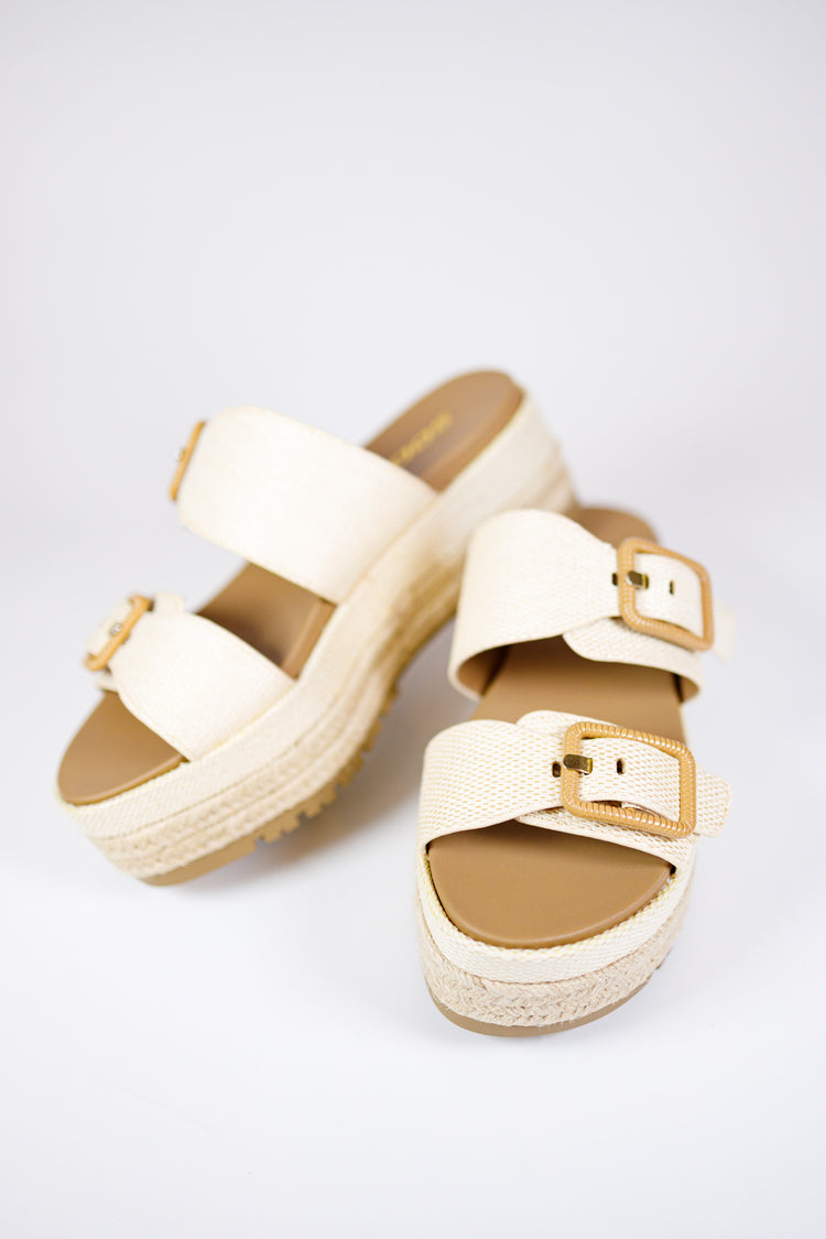Tan Raffia Buckle Platform Sandals