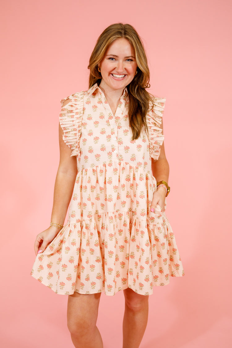 Peach Floral Flutter Sleeve Dress