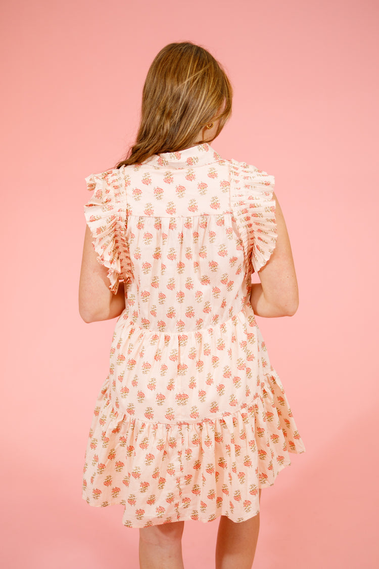 Peach Floral Flutter Sleeve Dress