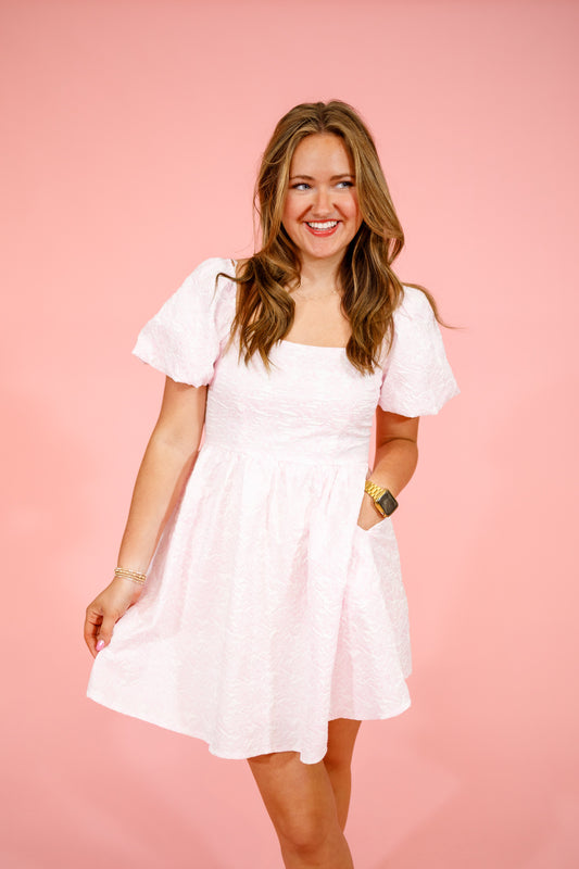 Pink Pattern Puff Sleeve Dress