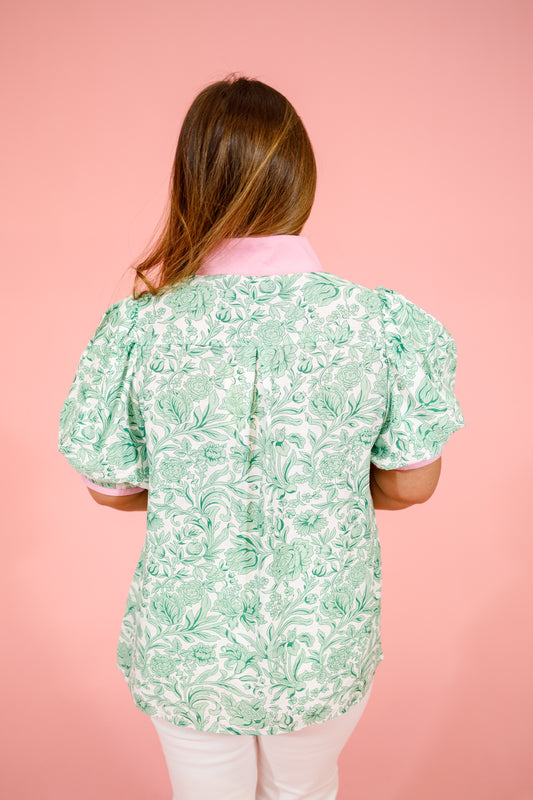Green and Pink Floral Contrast Top, S-2XL