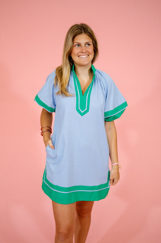 Blue Color Block Puff Sleeve Dress, S-2XL