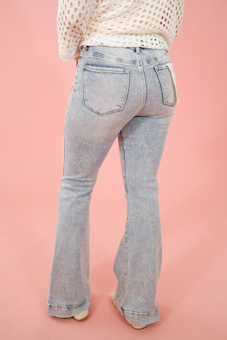 Risen Light Wash Front Pocket Flares, REG + CURVY