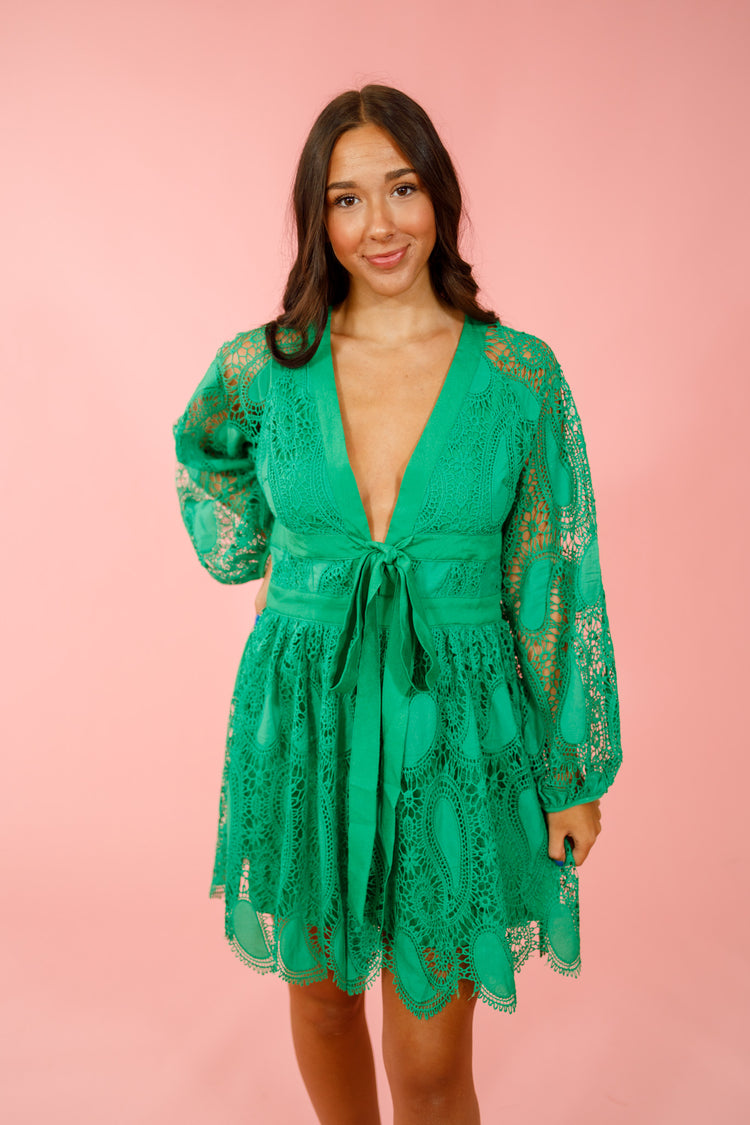 Green Lace Front Tie Dress