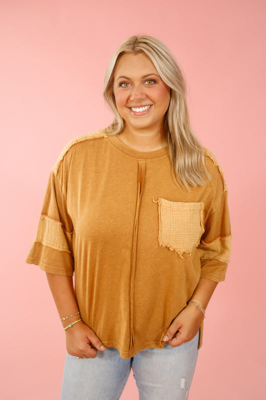 Acid Wash Gauze Pocket Top, TAUPE