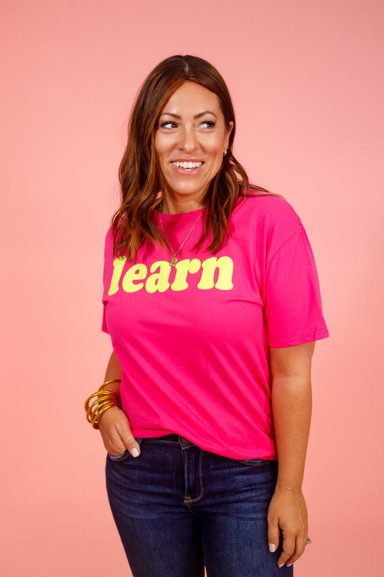 Pink "Learn" Graphic Tee, S-2XL