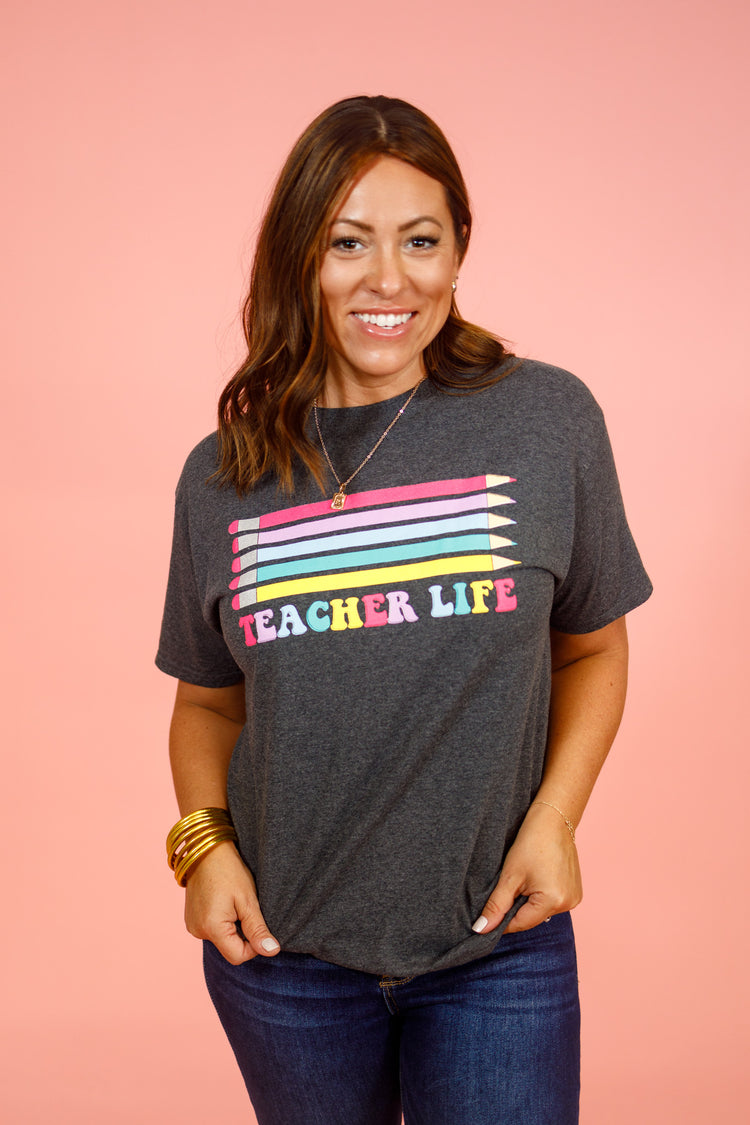 "Teacher Life" Pencil Graphic Tee, S-2XL