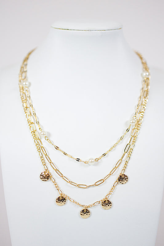 3 Layered pearl & Metal Charm Chain Necklace