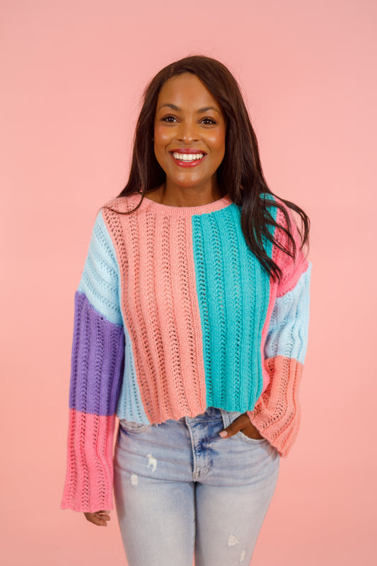 Pink and Blue Multi Cable Ribbed Sweater