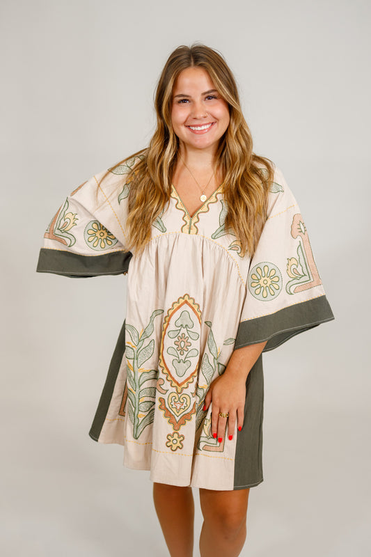 Sage Pattern Embroidered Dress