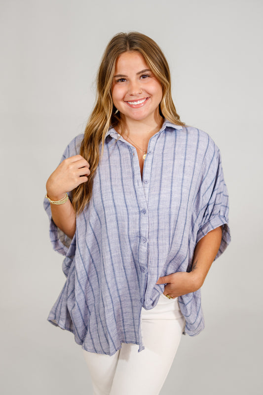 Oversized Stripe Woven Top, BLUE