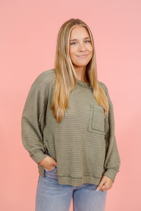 Waffle Knit Pocket Top, LT OLIVE