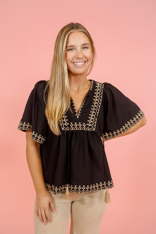 Black Embroidered Tassel Top