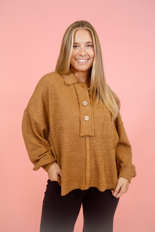 Almond Collared Button Top